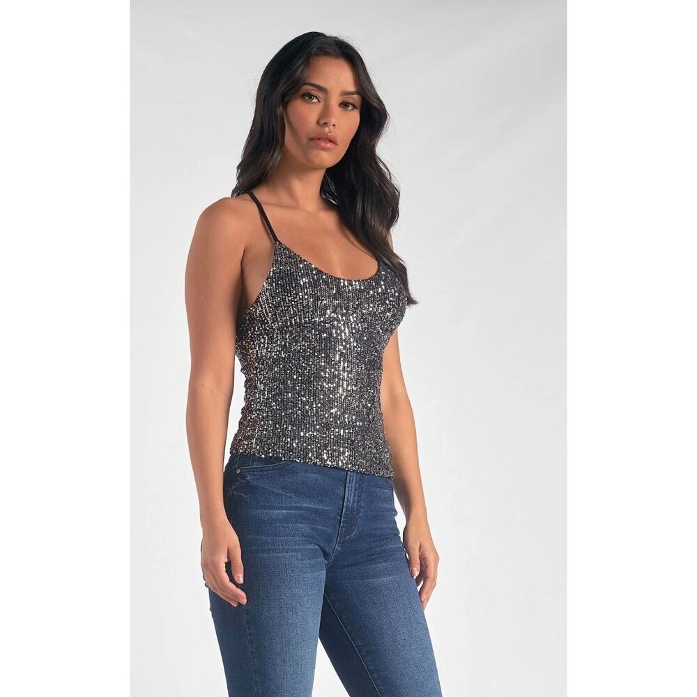NWT Elan Sequin Silver Tank Top Women's Size Medium $69 [jb] - Picture 2 of 7